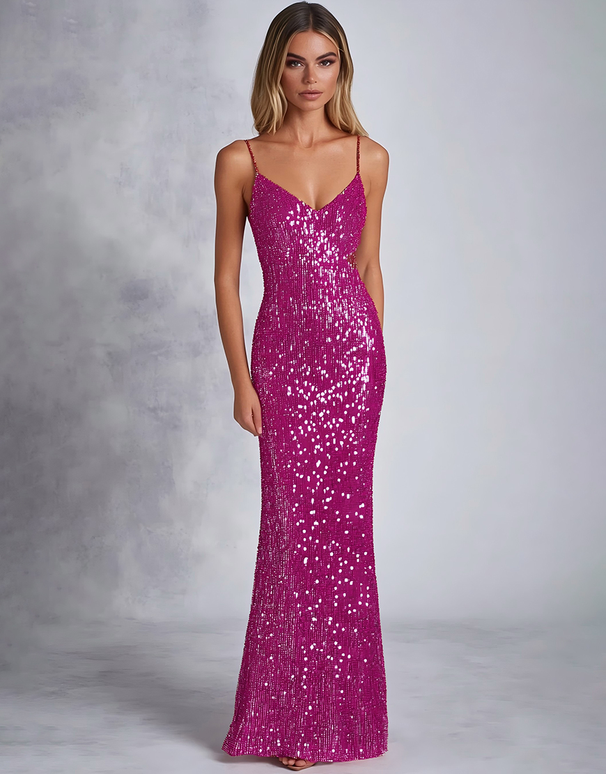Sparkly Fuchsia Sheath Sequins Spaghetti Straps Long Formal Dress