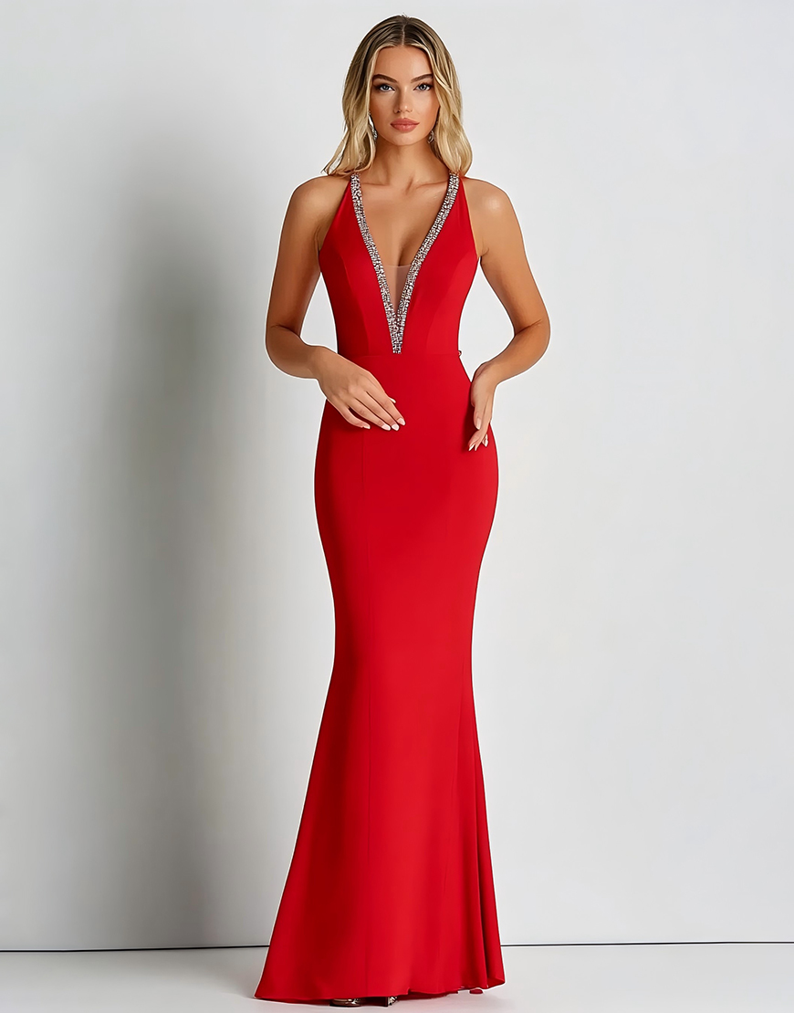 Red Mermaid Deep V-Neck Sheath Long Formal Dress with Beading