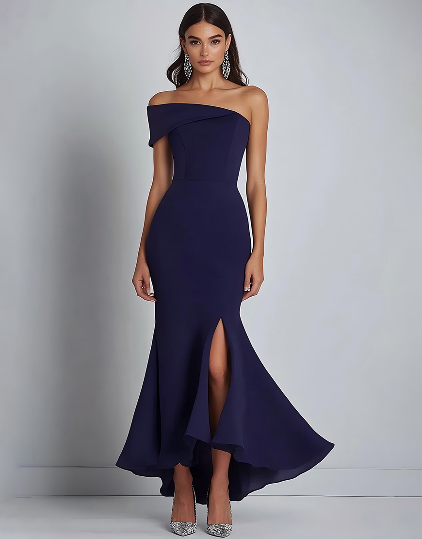 Navy Mermaid Off the Shoulder Satin Long Formal Dress with Slit