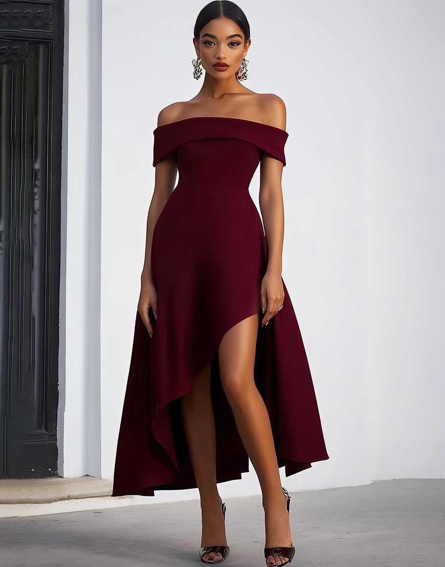 Burgundy Mermaid Off the Shoulder High-Low Formal Dress