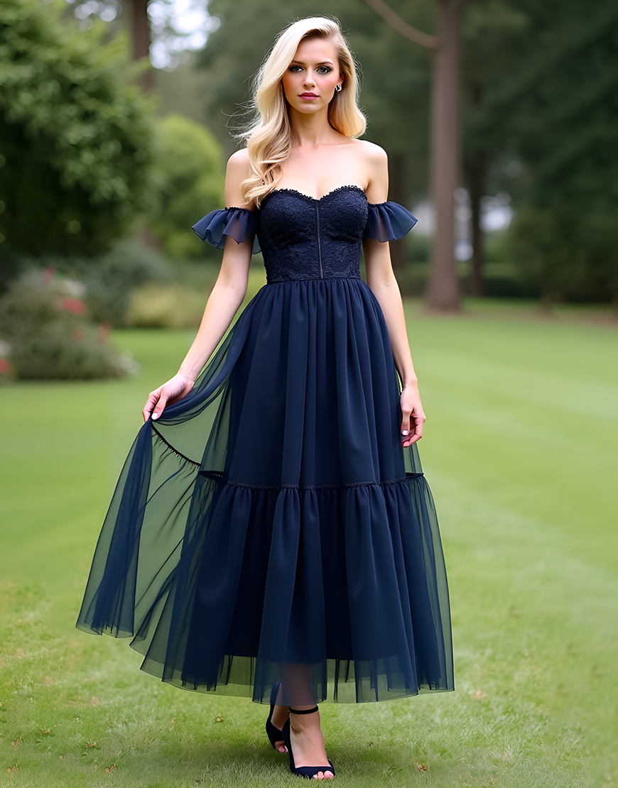 A Line Tulle Navy Sweetheart Ankle-Length Formal Dress