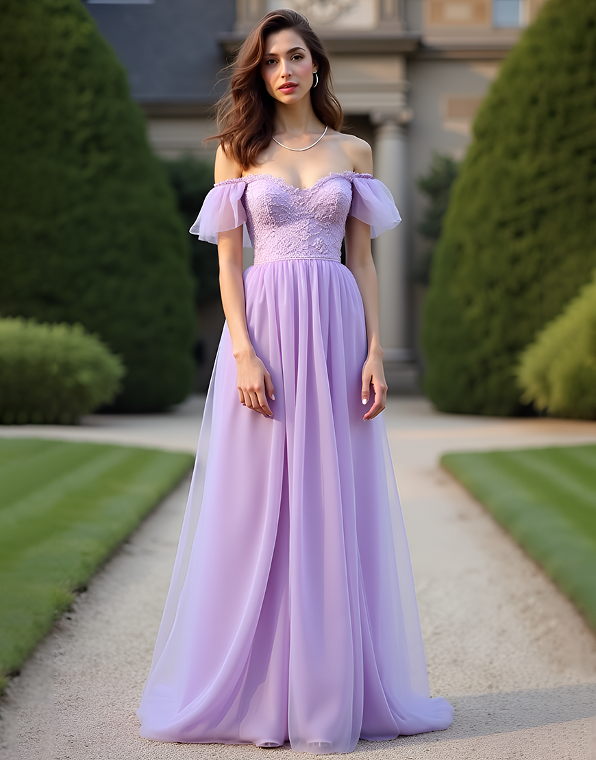 Lilac A-Line Off the Shoulder Tulle Pleating Long Formal Dress with Lace