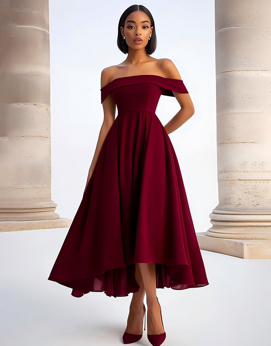 A Line Burgundy Off the Shoulder Pleating Tea-Length Formal Dress