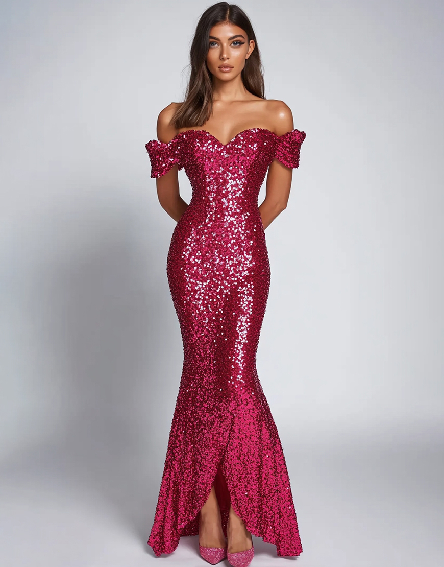 Fuchsia Sparkly Off the Shoulder Mermaid Sequins Long Formal Dress