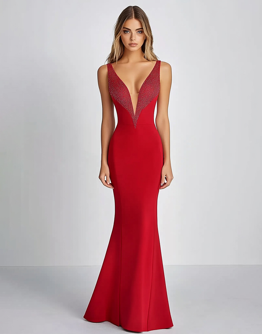 Sparkly Red Deep V Neck Mermaid Long Formal Dress with Beading
