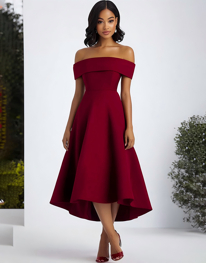 Burgundy A-Line Off the Shoulder Satin Tea Length Formal Dress