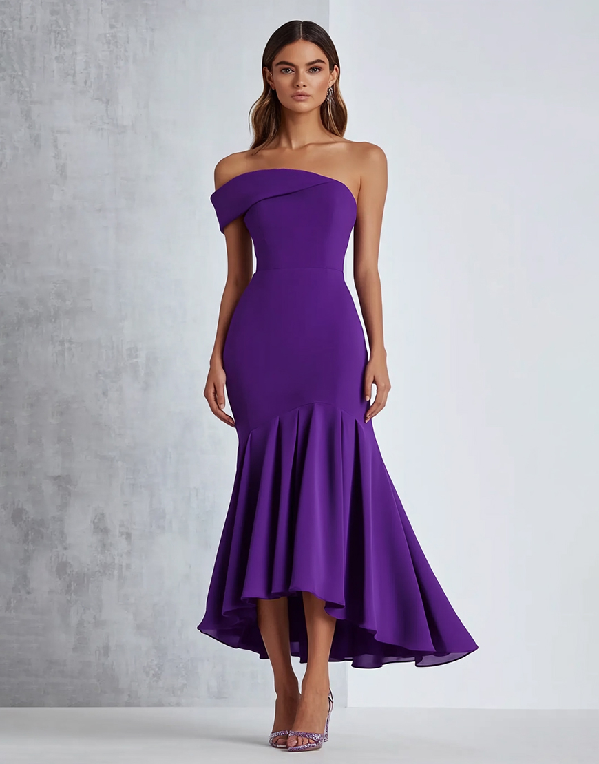 Plum Mermaid Asymmetrical Off the Shoulder Satin Knee-Length Formal Dress