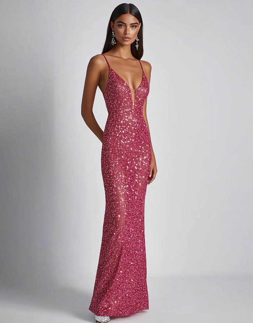 Sparkly Fuchsia Sheath Spaghetti Straps Long Prom Dress