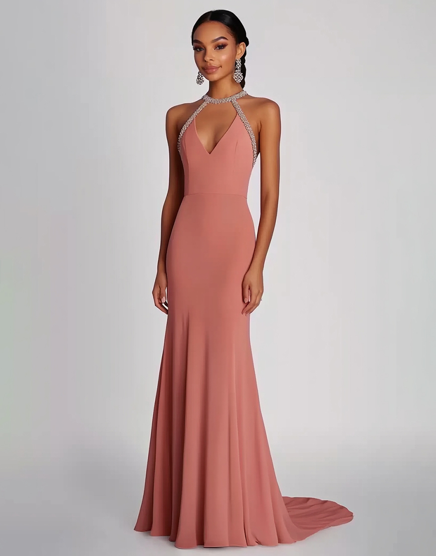 Sparkly Pink Mermaid Halter Neck Long Formal Dress with Beading