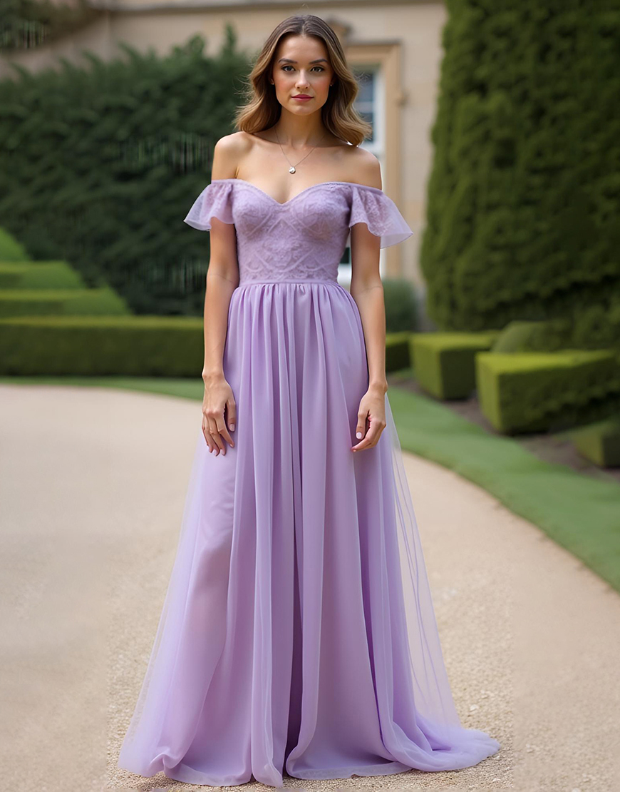 Ruched A Line Tulle Lilac Long Formal Dress