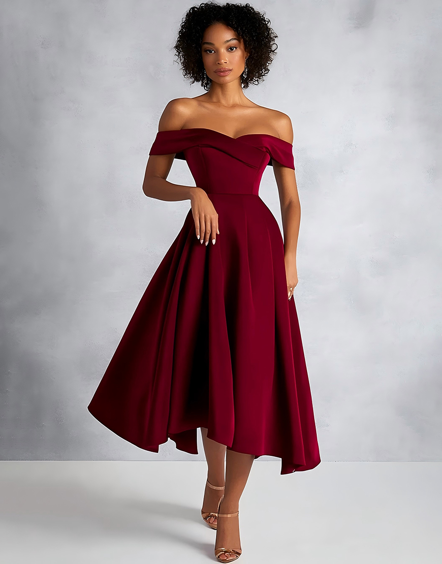 Burgundy A Line Off the Shoulder Pleating Satin Knee-Length Formal Dress