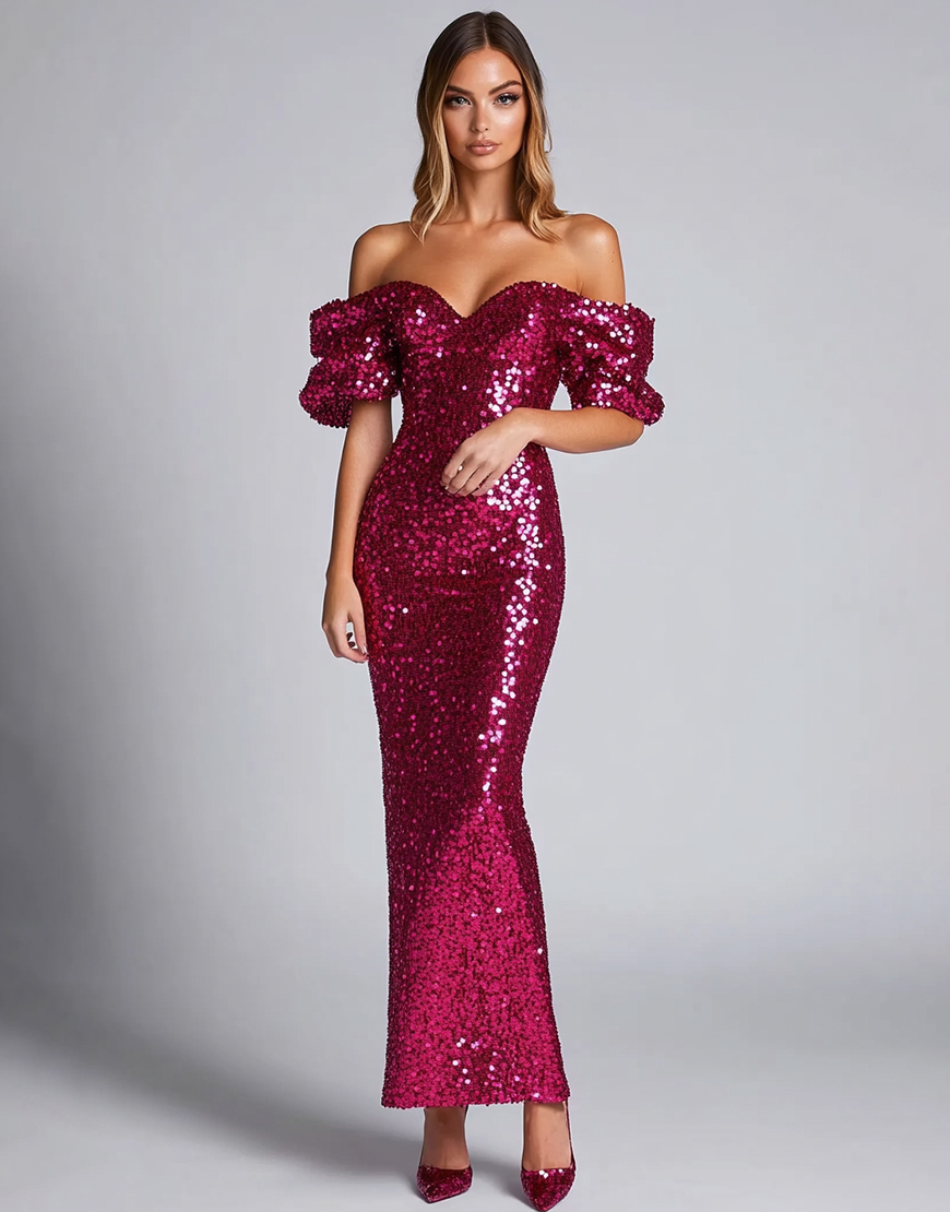 Fuchsia Mermaid Off the Shoulder Sparkly Long Formal Dress