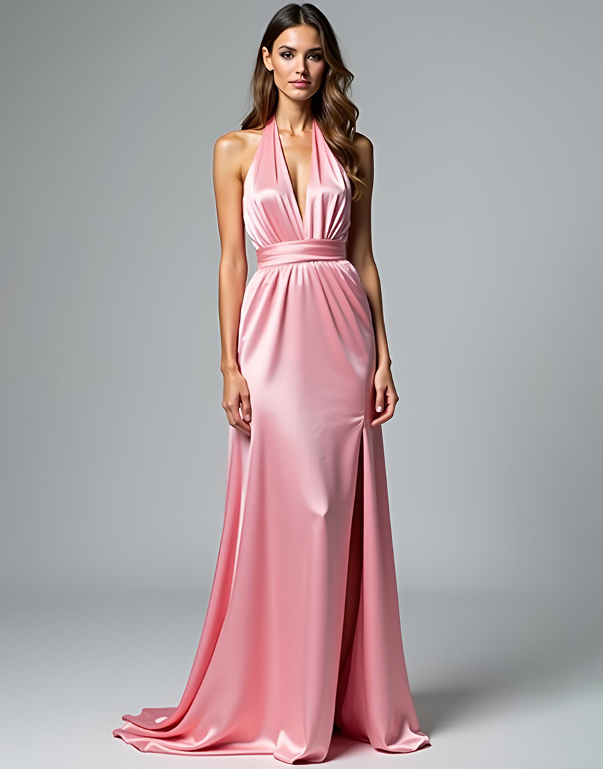 Pink Sheath Halter Pleating Satin Long Formal Dress with Slit