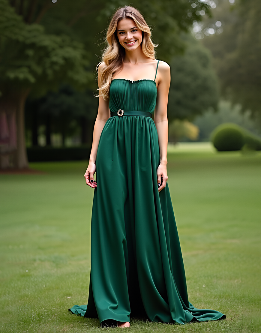 Dark Green A-Line Spaghetti Straps Satin Long Prom Dress with Pleating