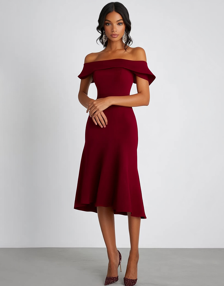 Burgundy Mermaid Off the Shoulder Satin Knee Length Formal Dress