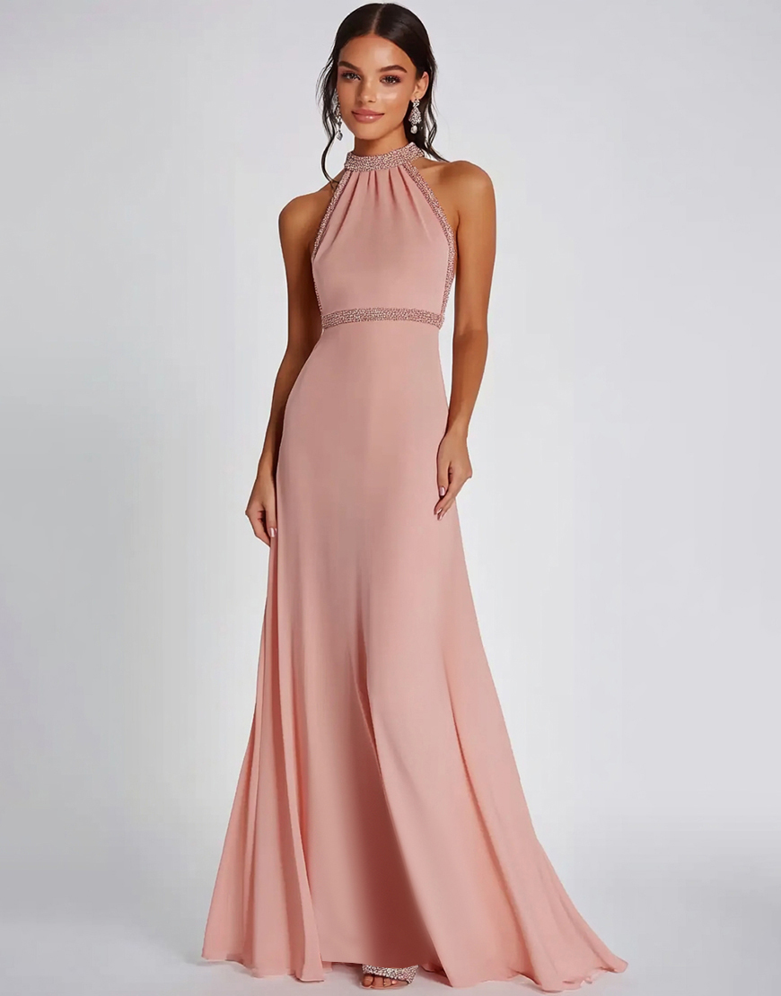 Sparkly Pink Mermaid Halter Long Formal Dress with Beading