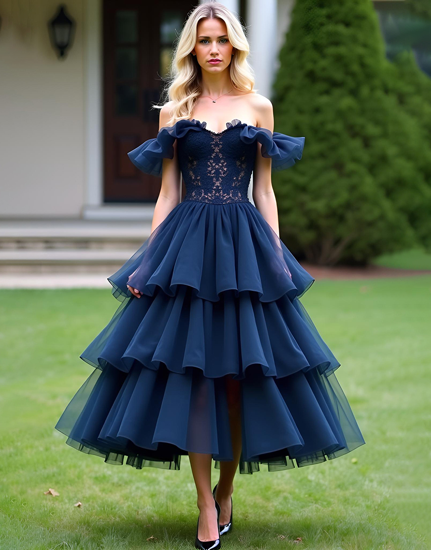 Navy A-Line Off the Shoulder Ruffles Tulle Long Prom Dress with Lace