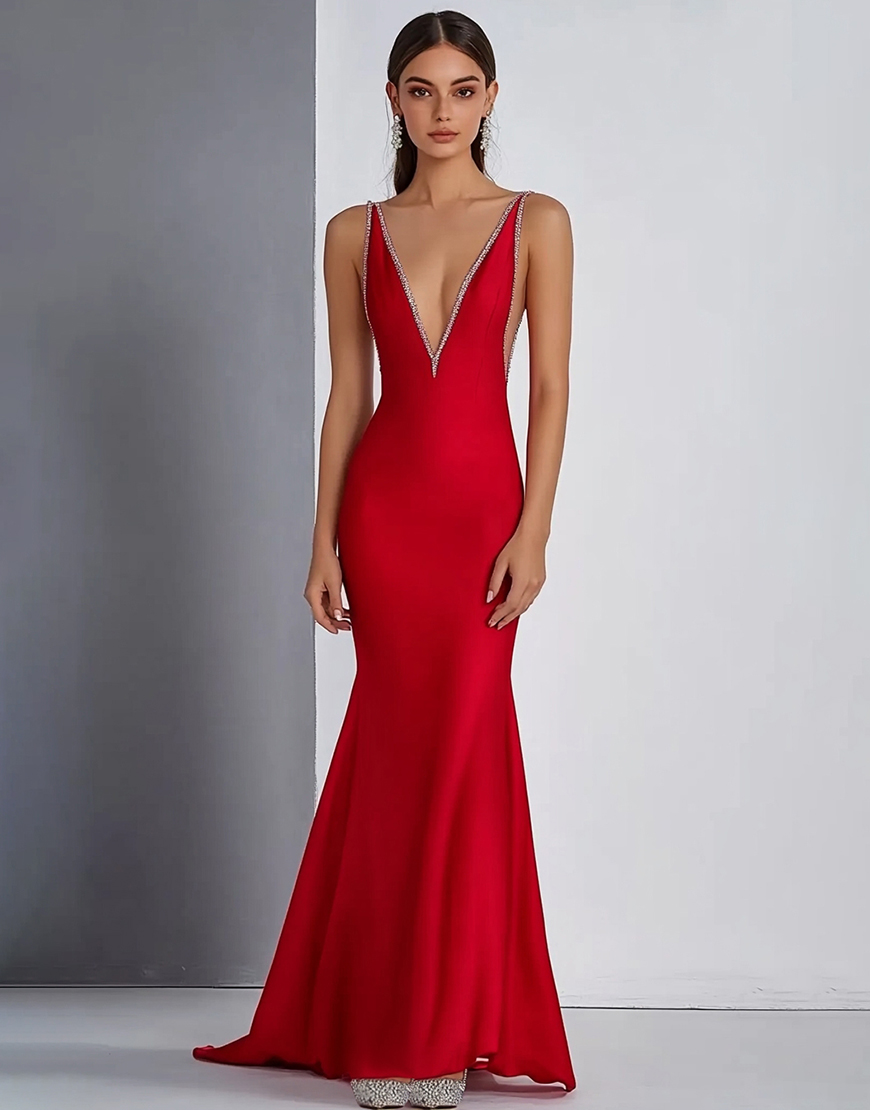 Sheath Deep V-Neck Red Long Formal Dress with Beading