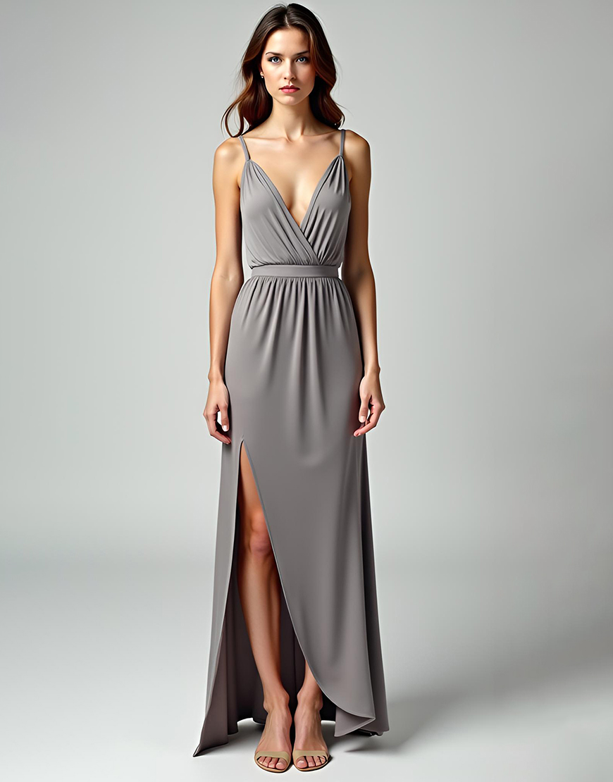 Grey Sheath Wrap Spaghetti Straps Satin Long Formal Dress with Slit