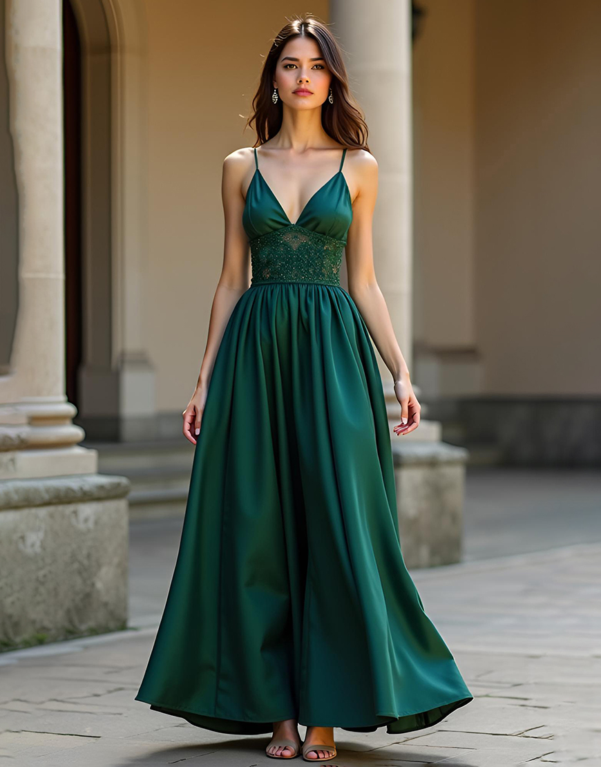 Dark Green A-Line Spaghetti Straps Satin Pleating Long Prom Dress with Lace