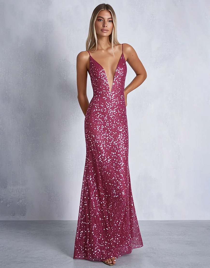 Sparkly Fuchsia Sheath Sequins Spaghetti Straps Long Prom Dress