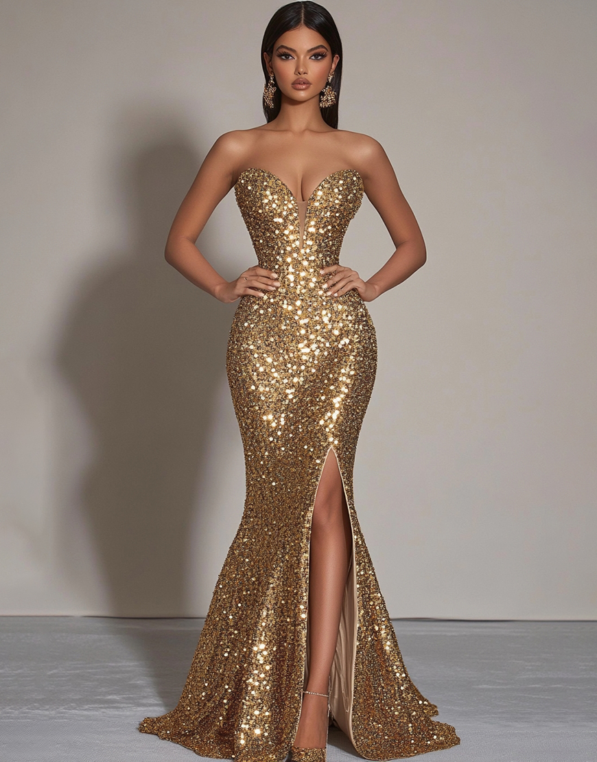 Sparkly Gold Mermaid Strapless Sequins Long Formal Dress with Slit