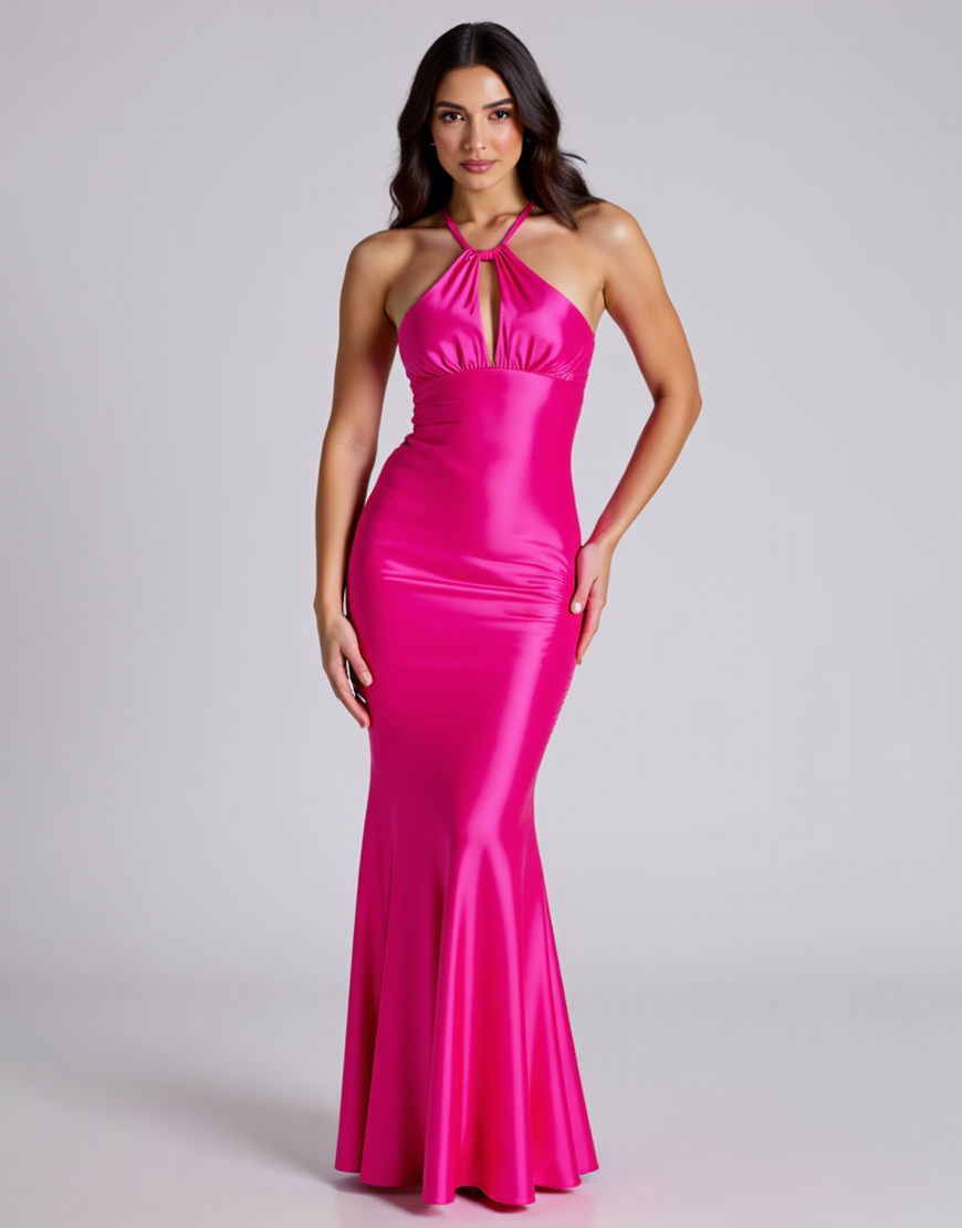 Fuchsia Mermaid Halter Satin Long Formal Dress