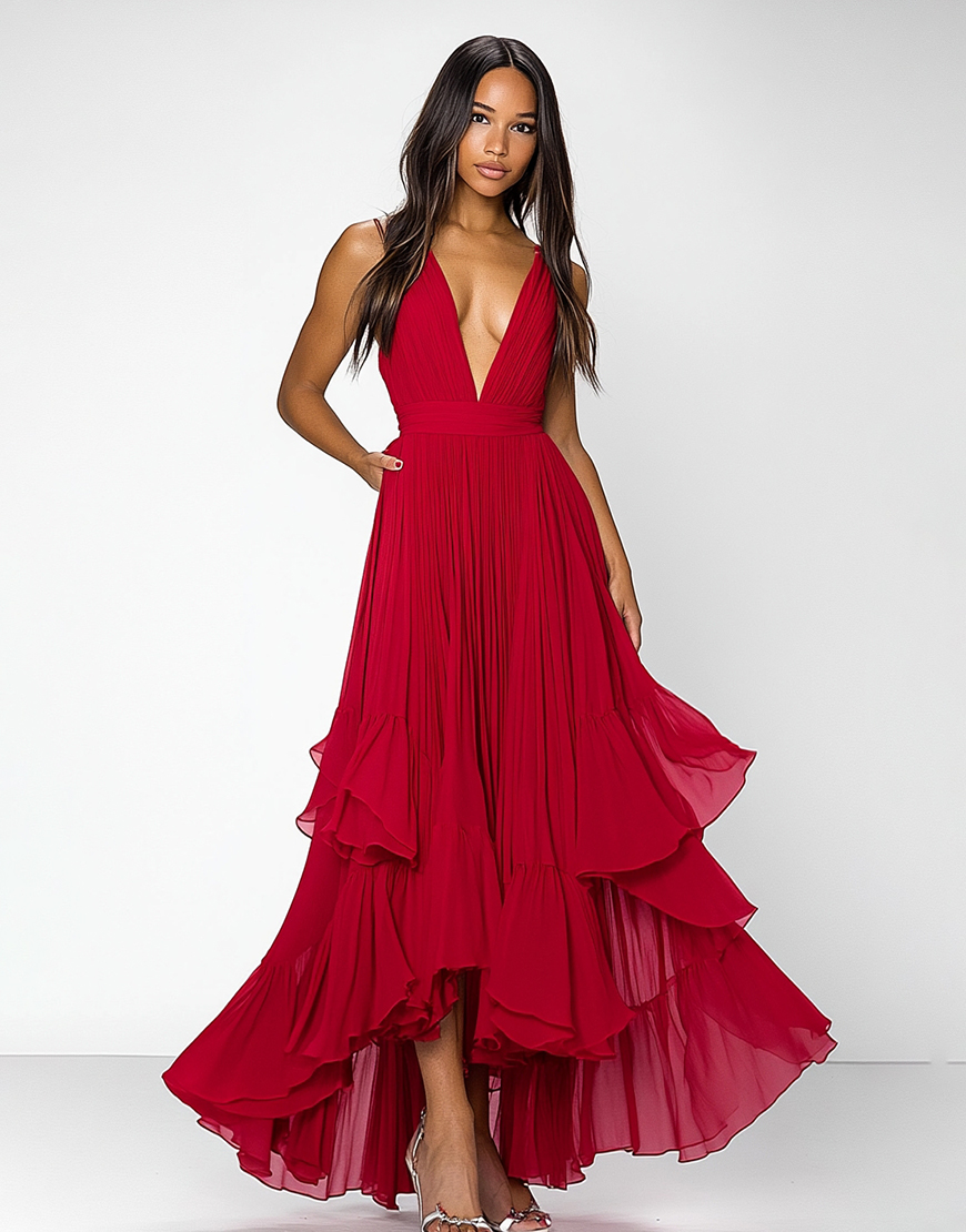 Red A-Line Deep V Neck Ruffle Chiffon Long Formal Dress 
