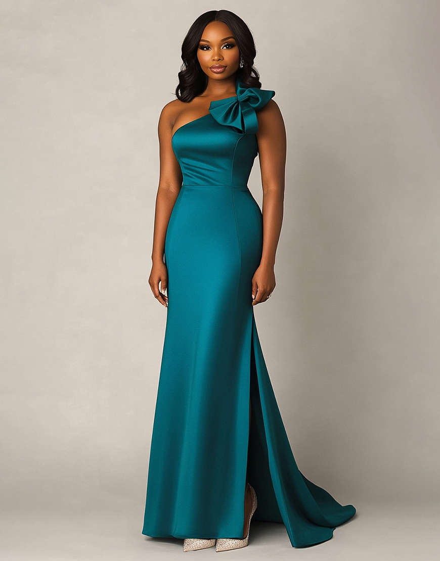 Peacock Mermaid One Shoulder Satin Long Formal Dress with Bowknot