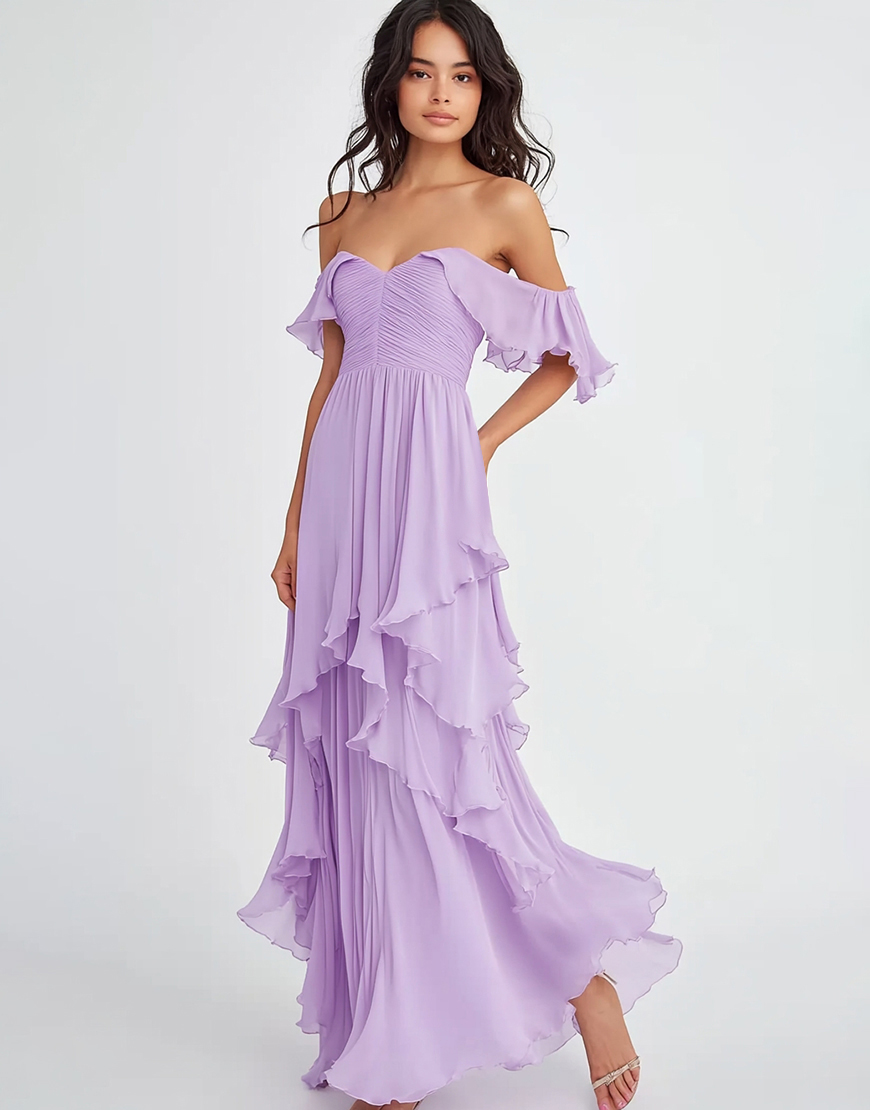 Lilac Sheath Ruffle Off the Shoulder Chiffon Long Formal Dress