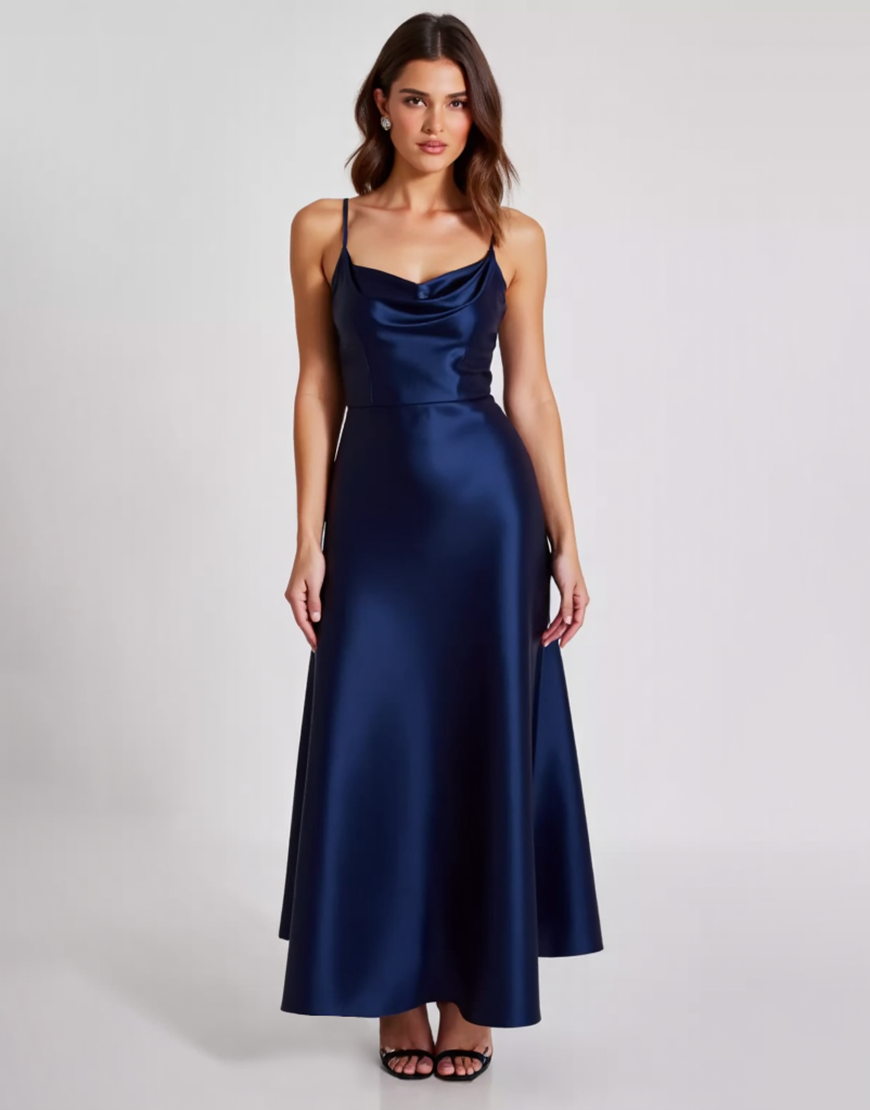Navy Sheath Satin Spaghetti Straps Long Formal Dress