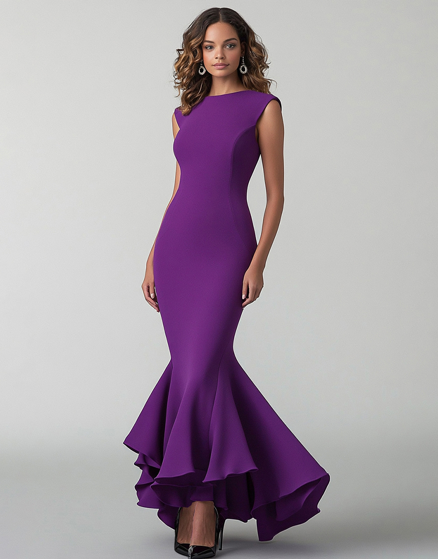 Plum Mermaid Sleeveless Ruffle Long Formal Dress