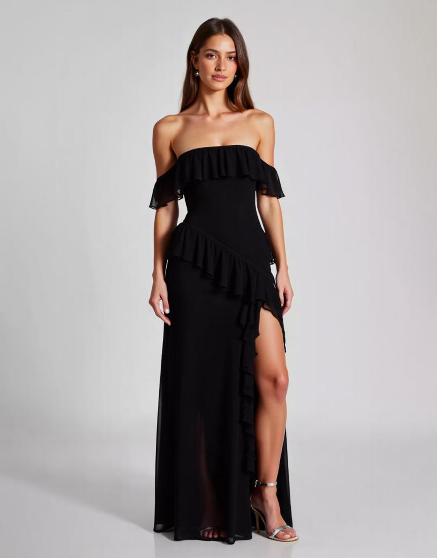 Black Sheath Off the Shoulder Ruffled Chiffon Long Formal Dress with Slit