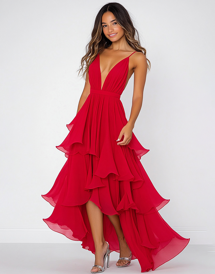 Red A-Line Spaghetti Straps Ruffles Chiffon Long Formal Dress