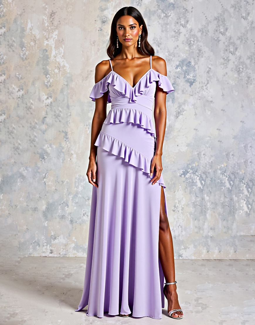 Lilac Sheath Cold Shoulder Ruffles Long Formal Dress with Slit