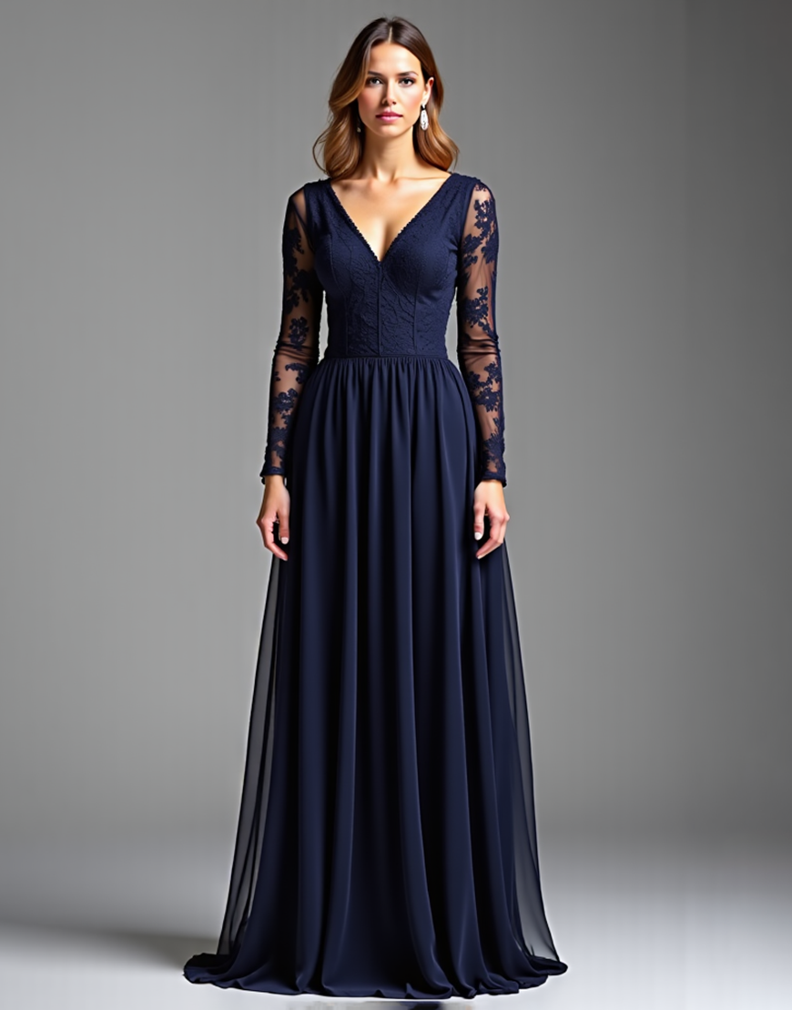 Navy A-Line V-Neck Long Sleeves Chiffon Long Formal Dress with Lace