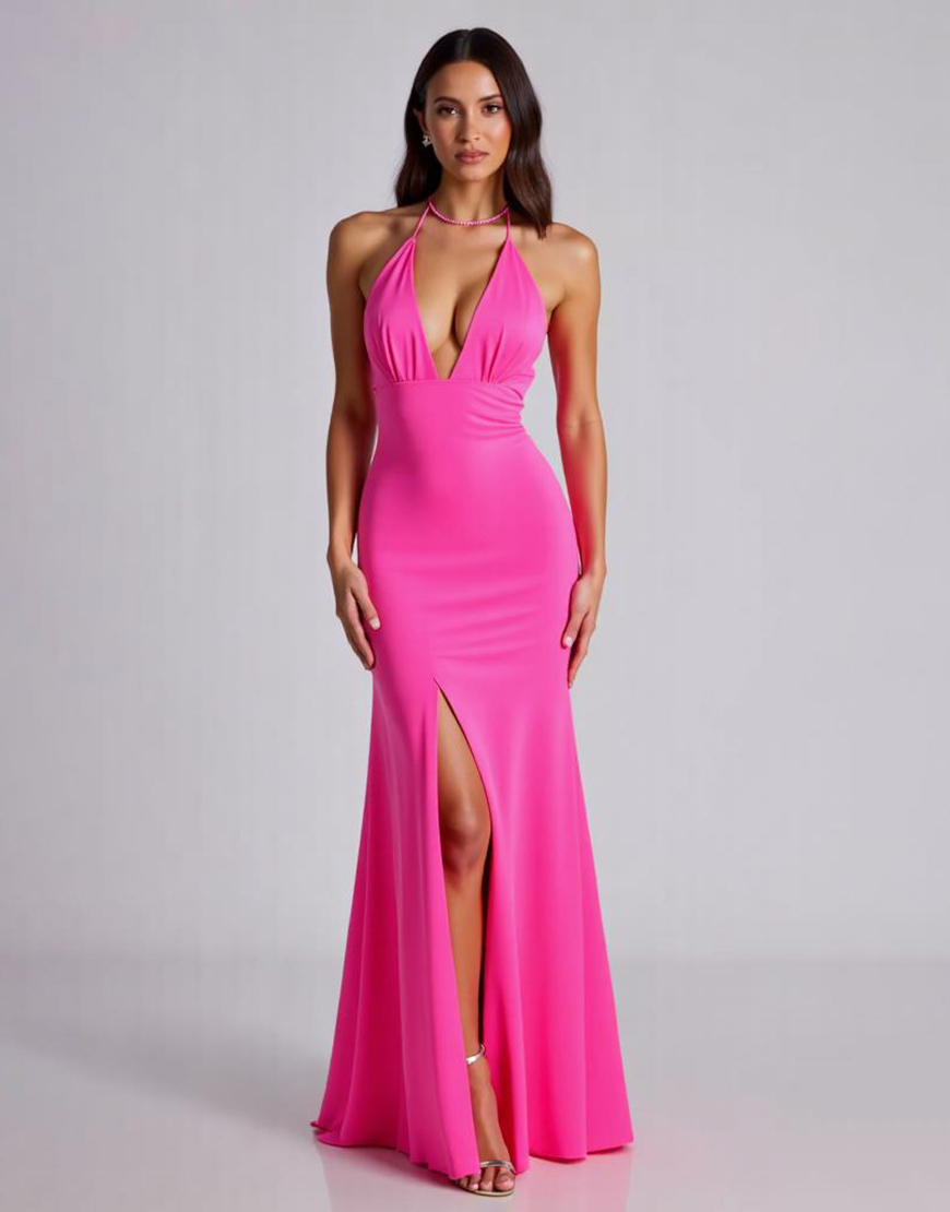 Fuchsia Mermaid Halter Satin Long Formal Dress with Slit