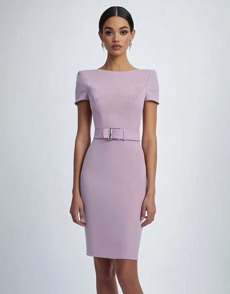 Lilac Simple Sheath Knee Length Formal Dress with Belt