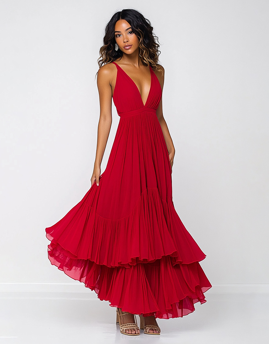 Red A-Line Deep V Neck Ruffle Pleated Long Formal Dress