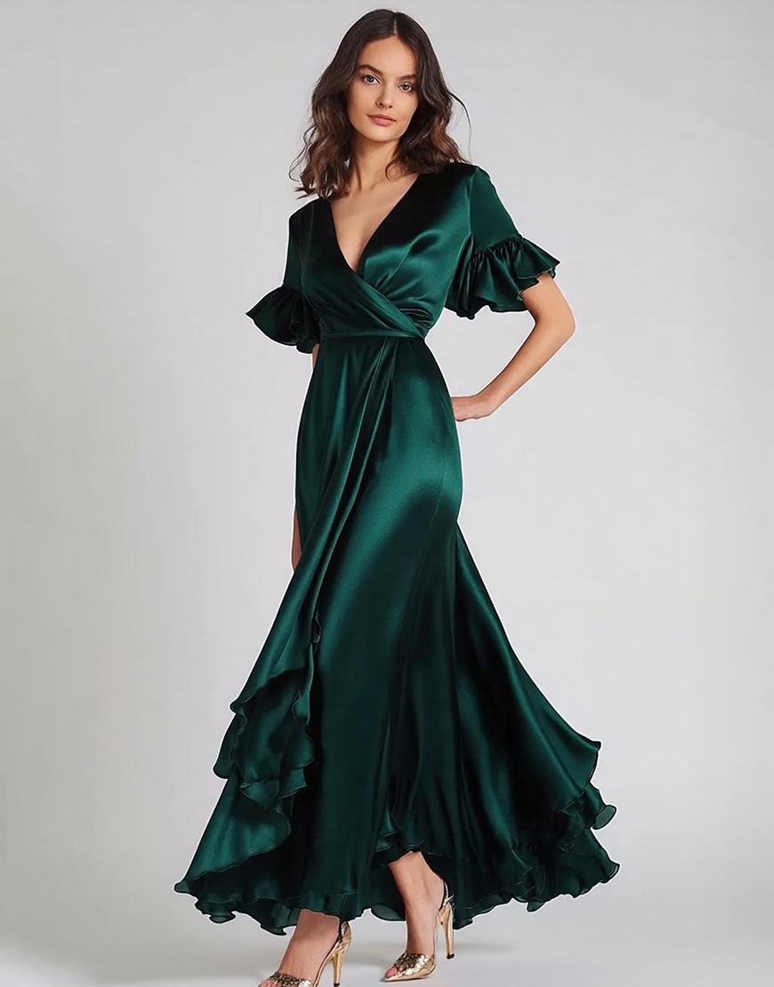 Dark Green Wrap Satin Ruffle Long Prom Dress with Short Sleeves