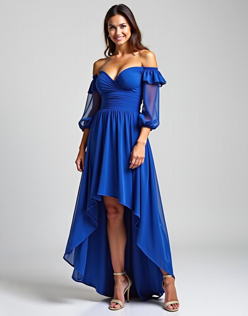 Royal Blue Off the Shoulder High-Low Chiffon Formal Dress with Ruffle