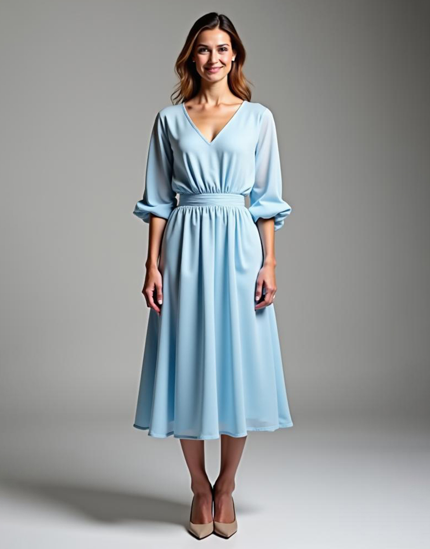 Sky Blue A-Line V Neck Chiffon Tea Length Formal Dress with Sleeves