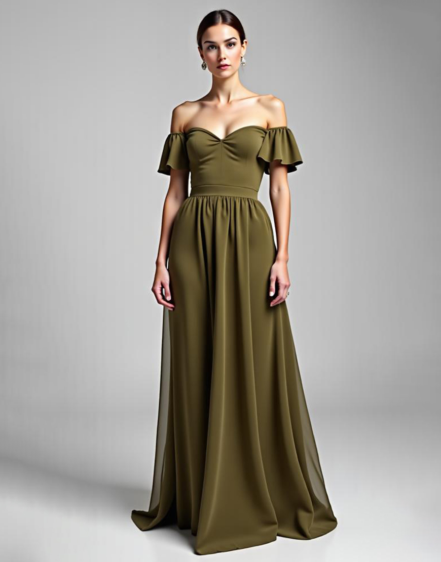 A Line Olive Ruffle Off the Shoulder Chiffon Long Formal Dress 