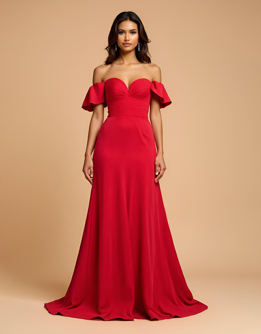 Red Sheath Off the Shoulder Long Formal Dress