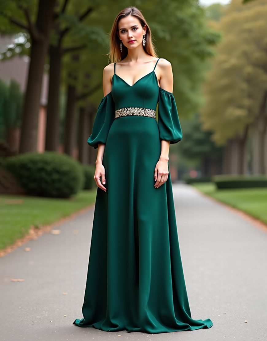 Dark Green Sheath Cold Shoulder Satin Long Formal Dress with Beading