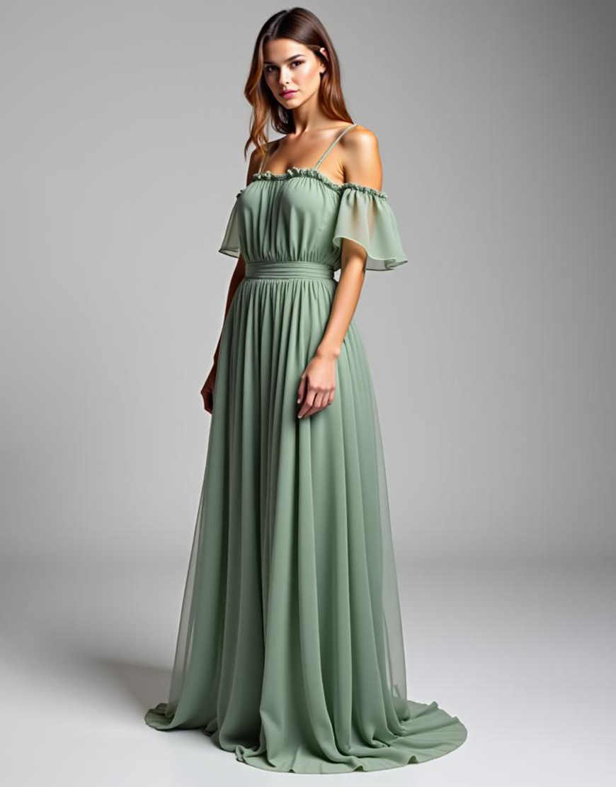 Dusty Sage A-Line Cold Shoulder Chiffon Long Formal Dress