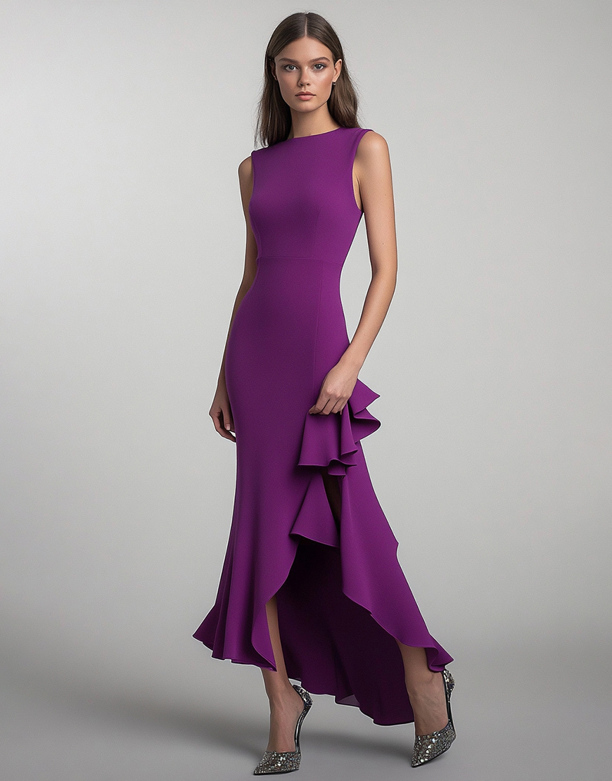 Plum Sheath Sleeveless Ruffle Long Formal Dress