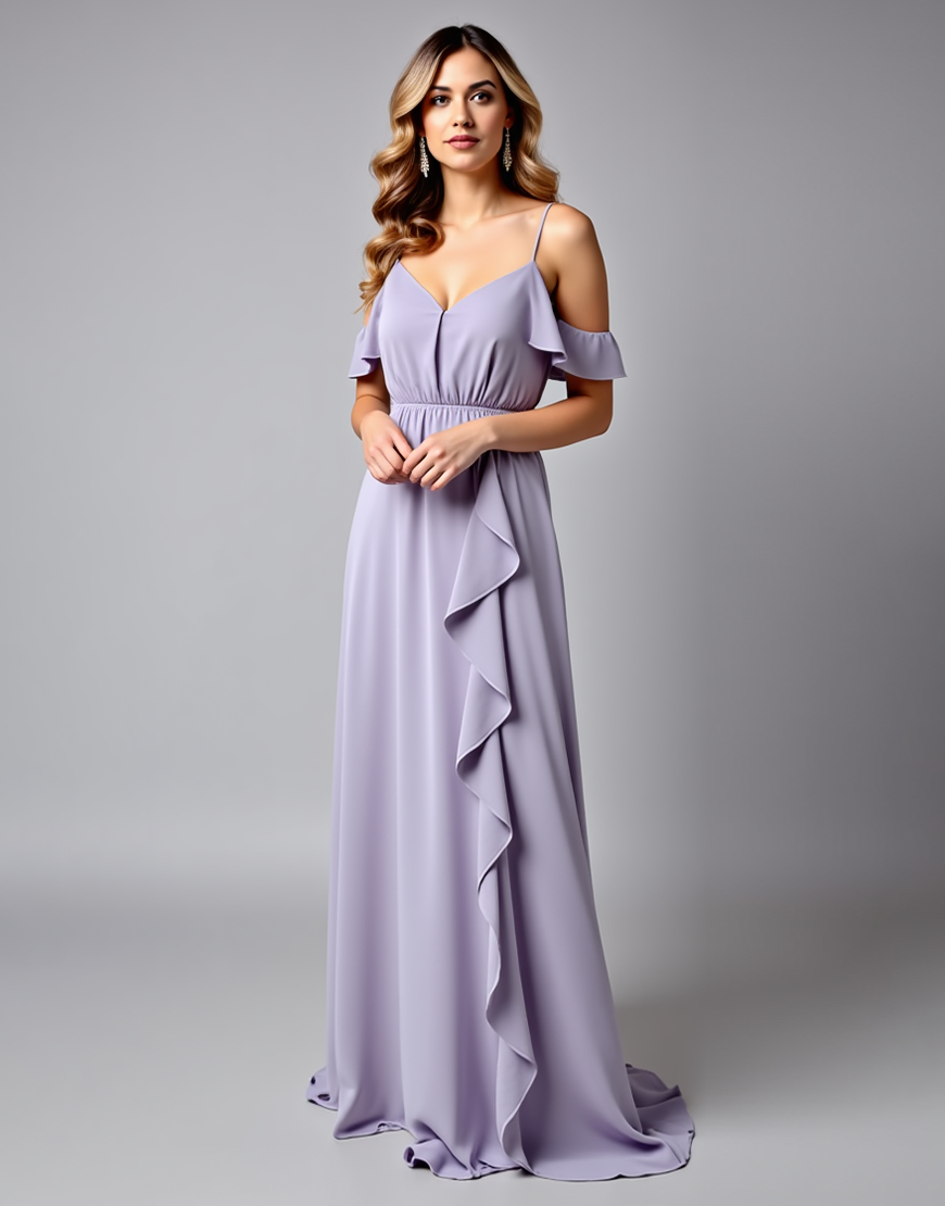 Lilac Sheath Cold Shoulder Ruffle Chiffon Long Formal Dress