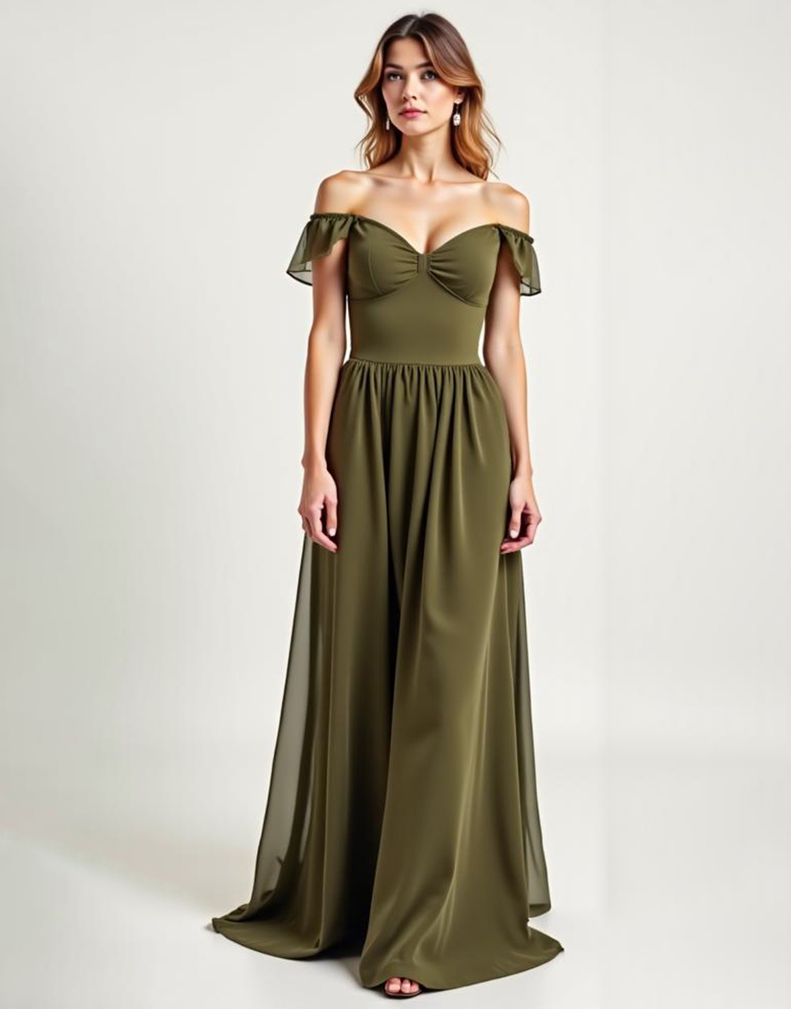 Off the Shoulder Olive A-Line Chiffon Long Formal Dress