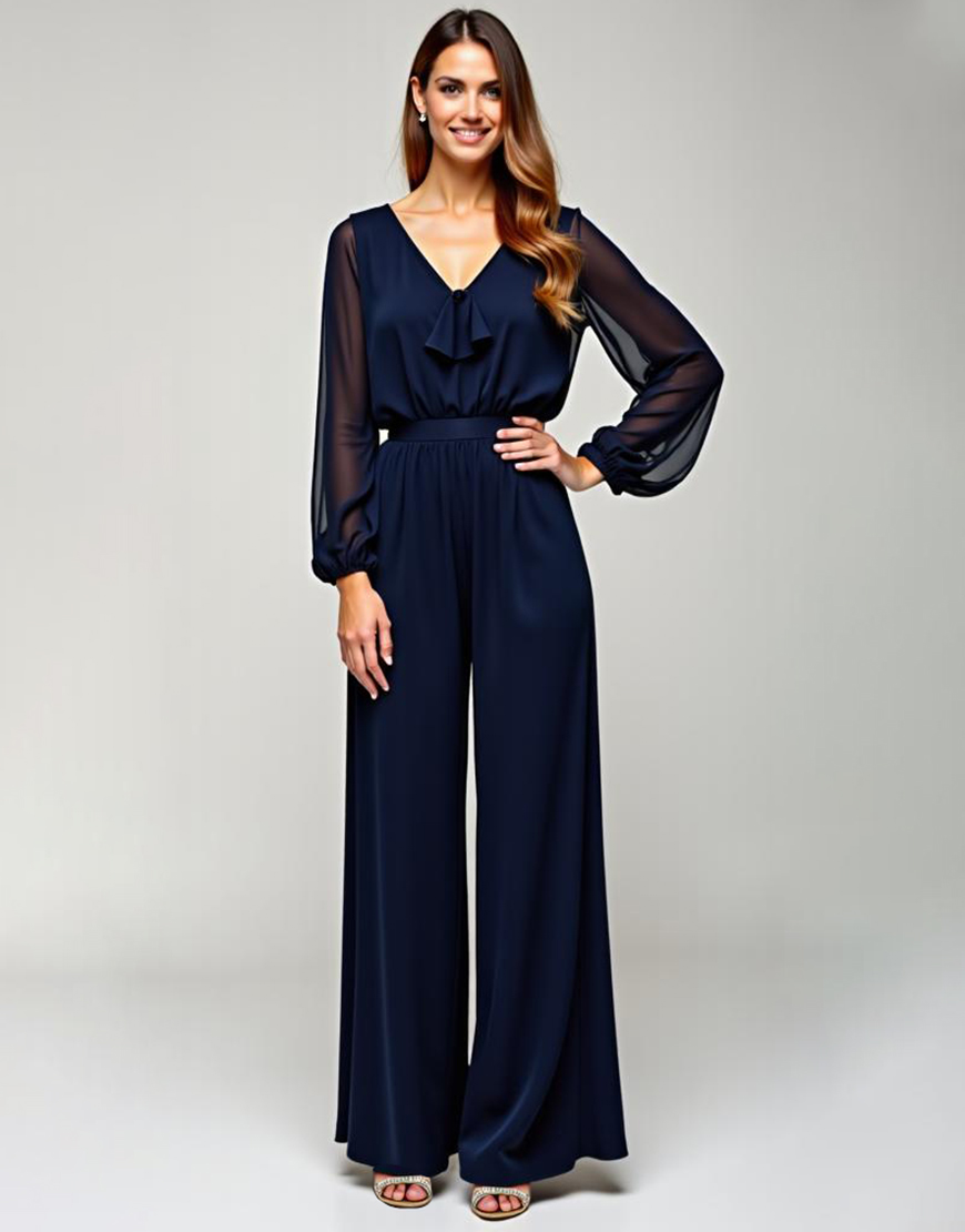 Navy Chiffon V-Neck Long Sleeves Formal Jumpsuit